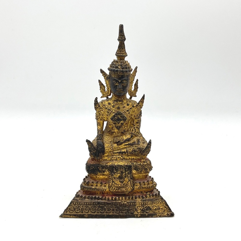 Antique Thai Seated Buddha Statue Gold Gilt Bronze Rattanakosin 6.5 Inch